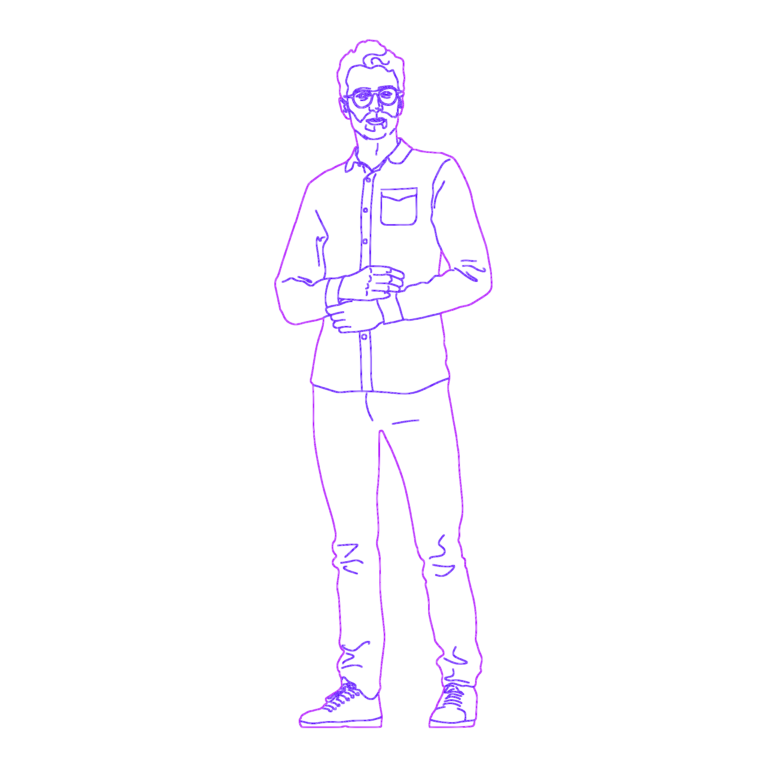 Front elevation CAD drawing of a man standing and touching his cufflinks.