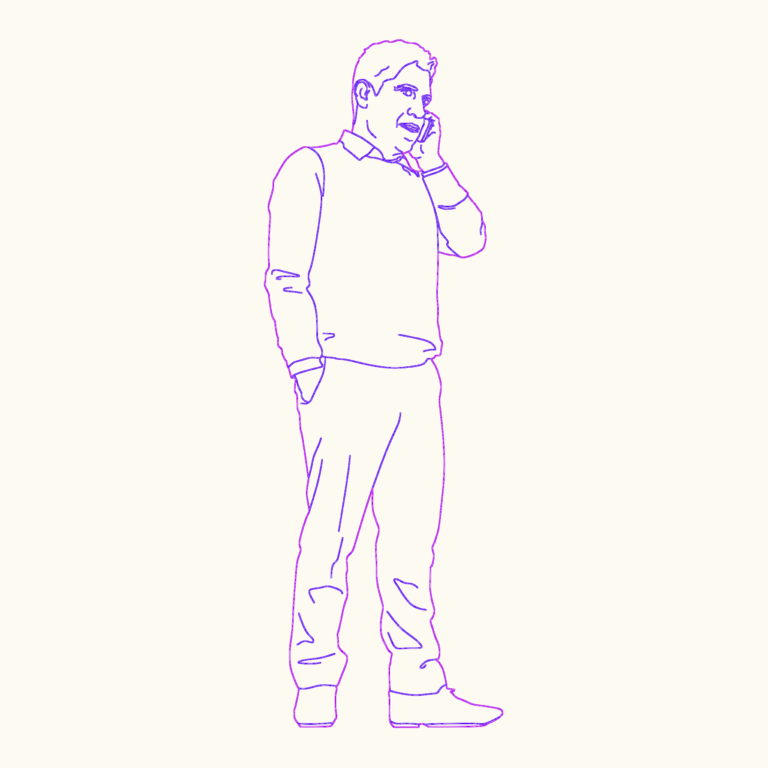 2D CAD silhouette of a man talking on a mobile phone in elevation view.