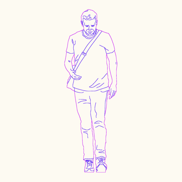 Front elevation line drawing of a man walking while wearing a shoulder bag.