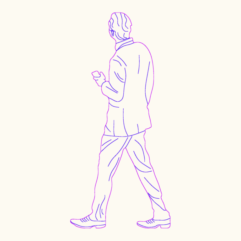 2D vector outline of a man walking diagonally away wearing a suit and holding a phone.