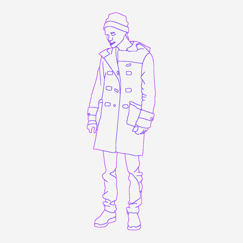 Man With Beanie Standing Looking Down In Winter Coat DWG Elevation Block