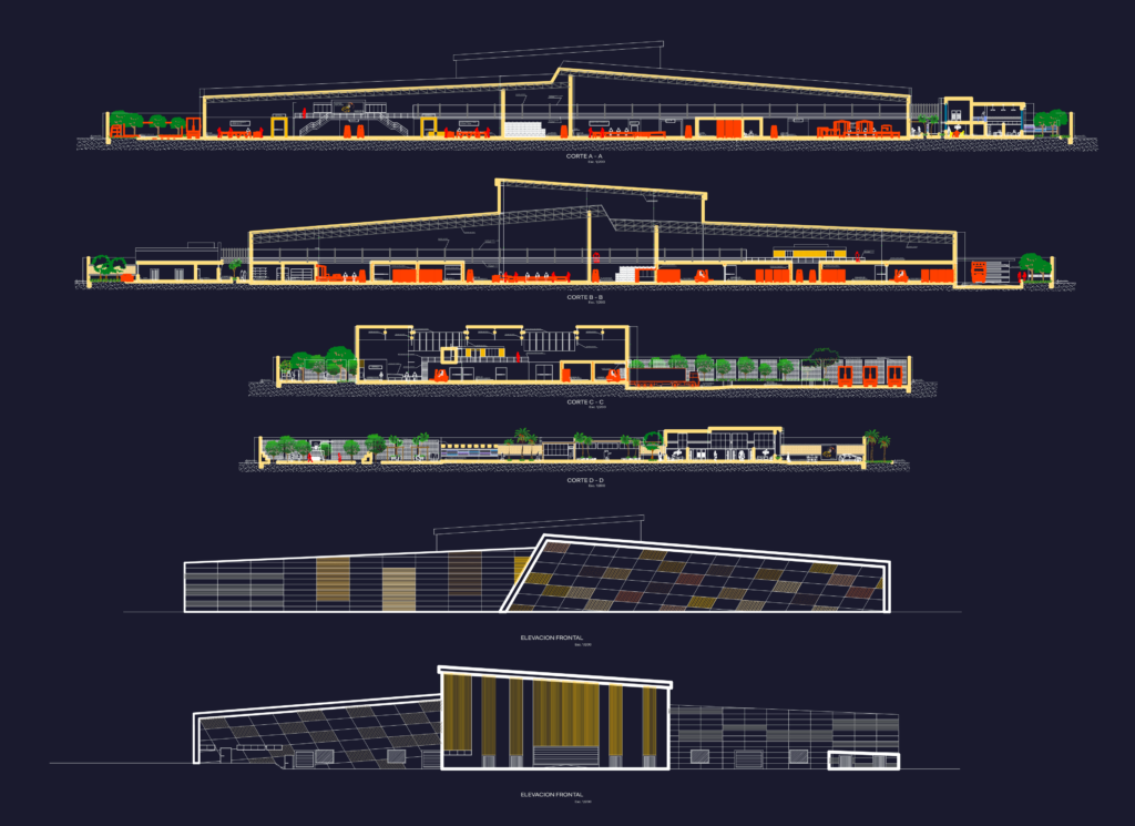 Architectural elevations and sections of a large-scale mango processing and export plant.