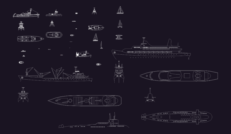 Marine vessel blocks in plan and elevation views
