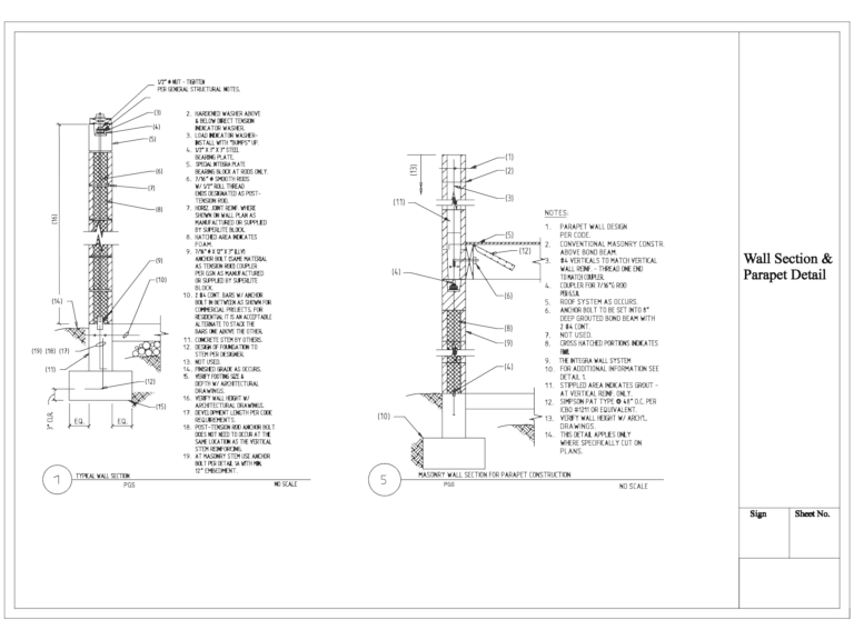 Structural sections of a masonry wall and parapet showing reinforcement, post-tension rods, and bond beam.