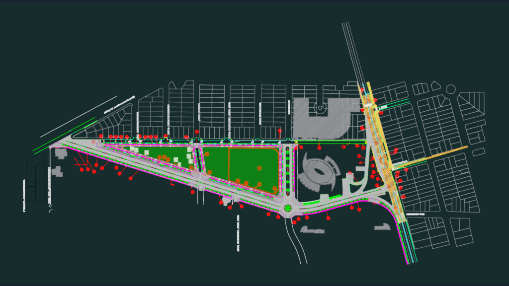 Urban master plan CAD drawing with road networks, a central roundabout, and residential parcel layouts.