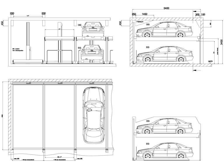 Section and plan views of a mechanical two-level car parking lift system with dimensions in millimeters.