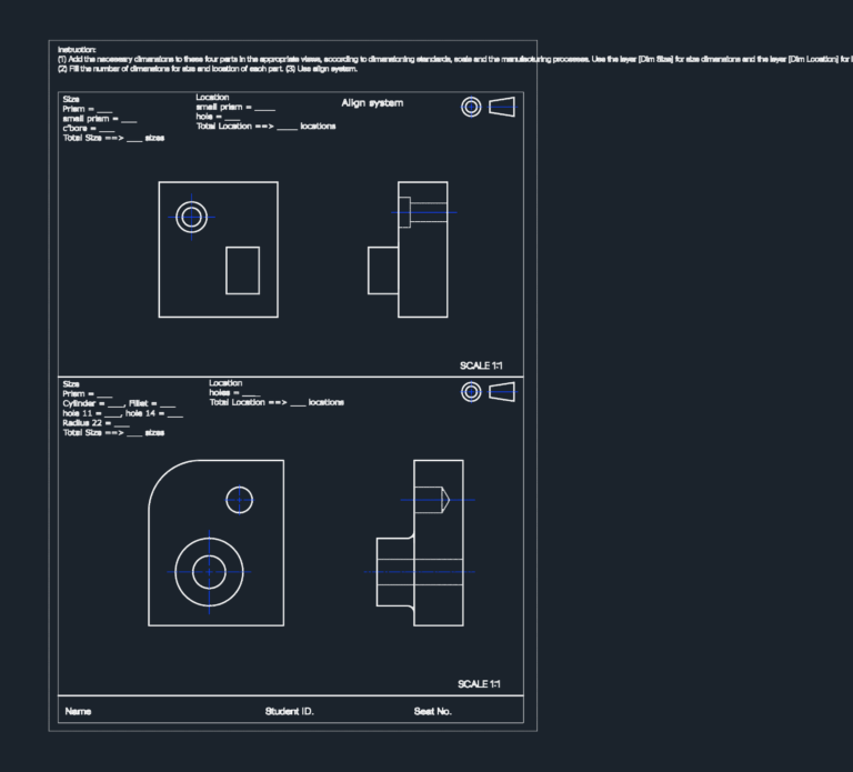Mechanical drafting exercise sheet showing top and side views of various parts for dimensioning practice.
