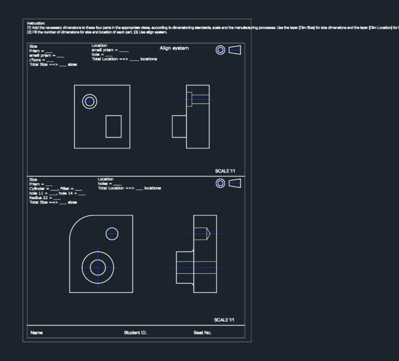 Mechanical Drafting Exercise with Part Views for Dimensioning Practice