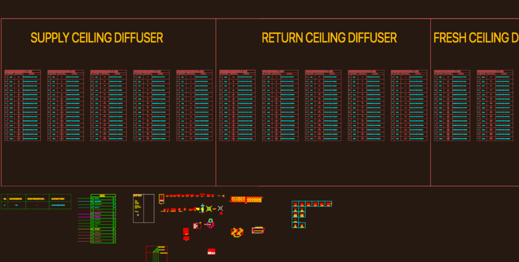 Technical CAD table showing various types of supply, return and exhaust ceiling diffusers with graphic symbols.