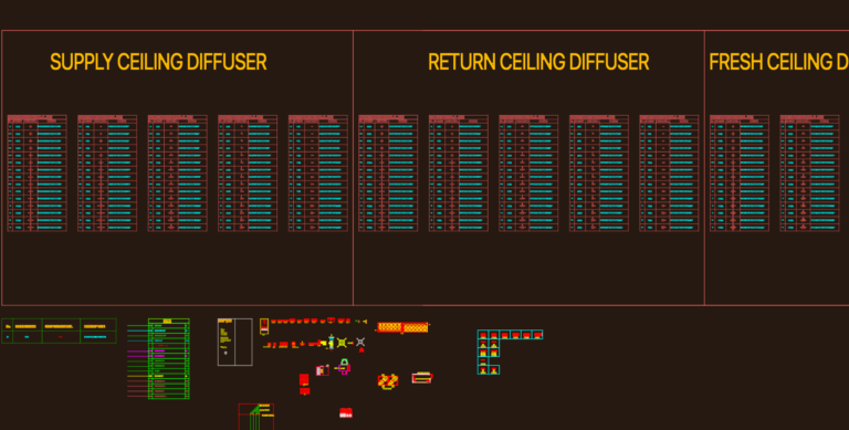 Technical CAD table showing various types of supply, return and exhaust ceiling diffusers with graphic symbols.