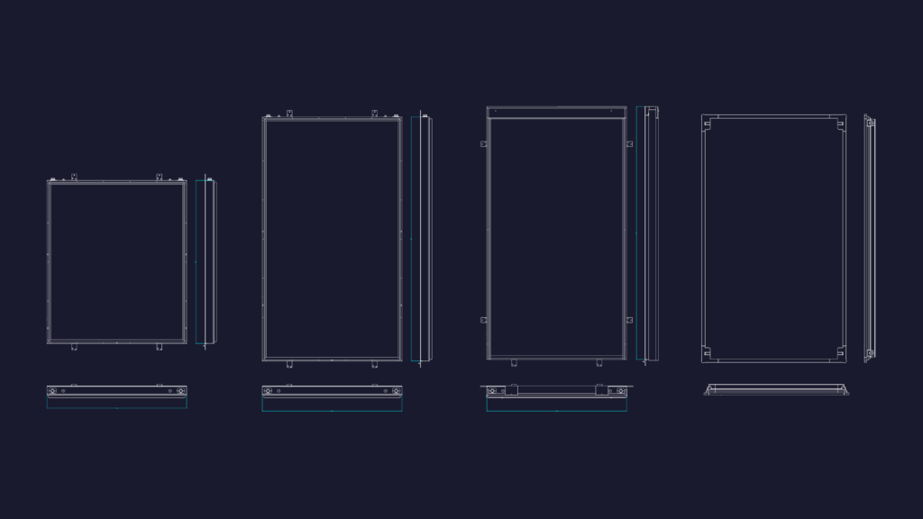 Front and side elevations of four rectangular solar collector panels in a 2D CAD drawing.