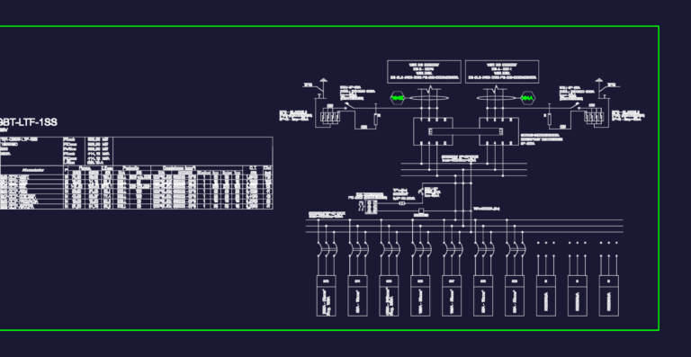Single line diagram of a 380V QGBT electrical panel with load schedule table and Schneider components.