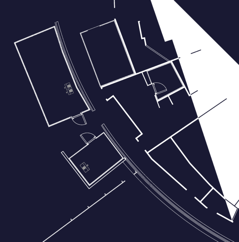 Detailed plan view of a circular cooling fan grill with mounting holes and a separate architectural floor plan layout.