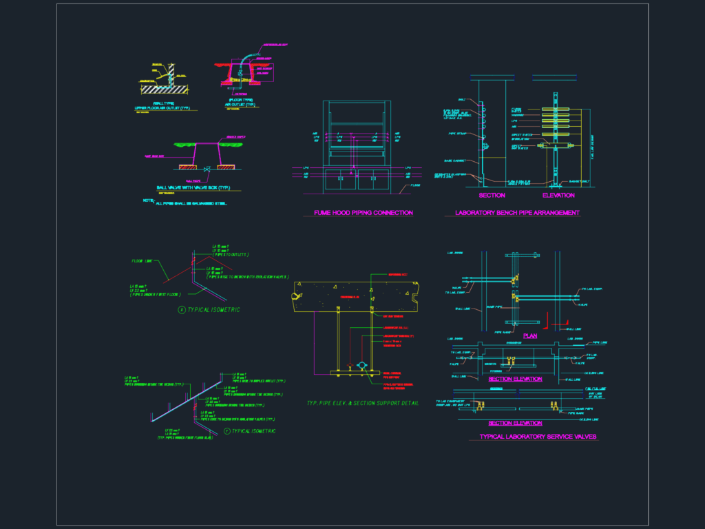 CAD drawing of lab plumbing details with fume hood connections, valve boxes, and gas piping arrangements.