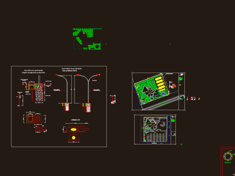 Site lighting layout plan showing lamp pole locations, parking area, and electrical room details with technical legends.