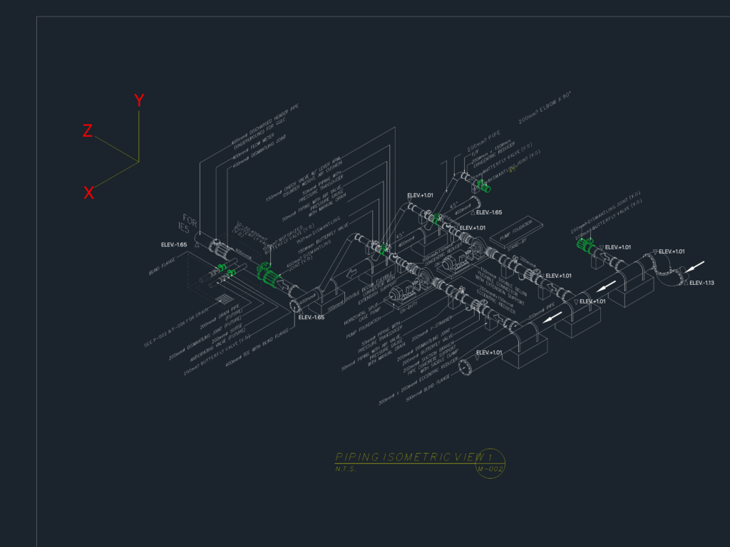 Piping isometric drawing showing 150mm and 400mm butterfly valves, pump foundations, and elevation callouts.