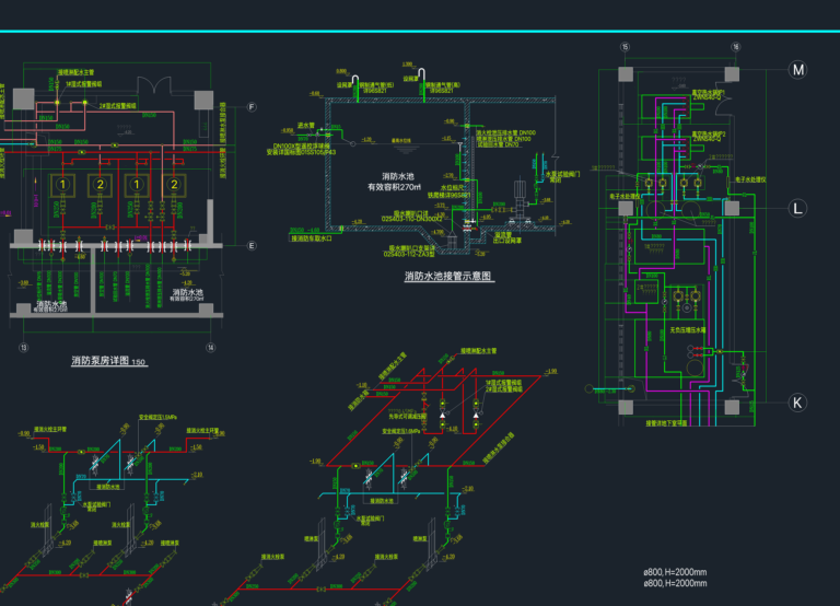 CAD plan of a fire pump room with system diagrams for sprinklers and hydrants.