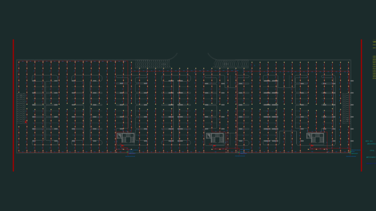 Fire protection plan for parking lot showing sprinkler piping, hose reels, and fire extinguishers.