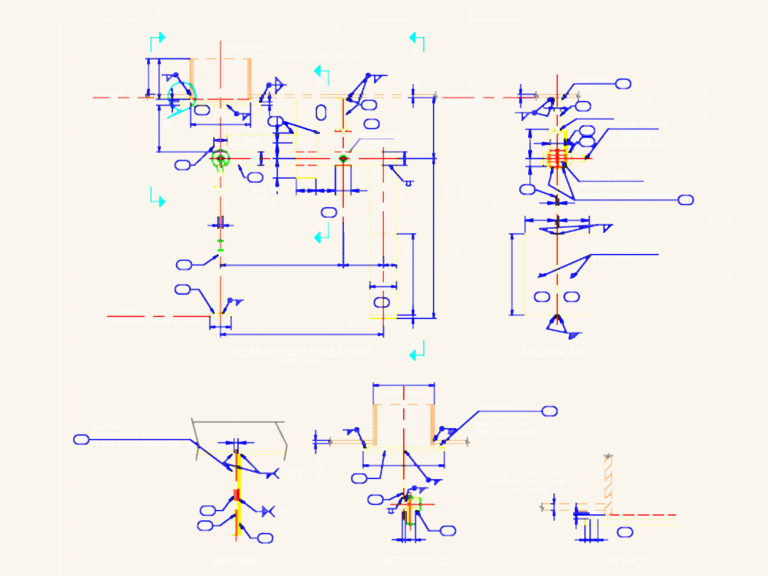 Mechanical drawing showing sections and details of a peep hole assembly with counterweights and seal rings.