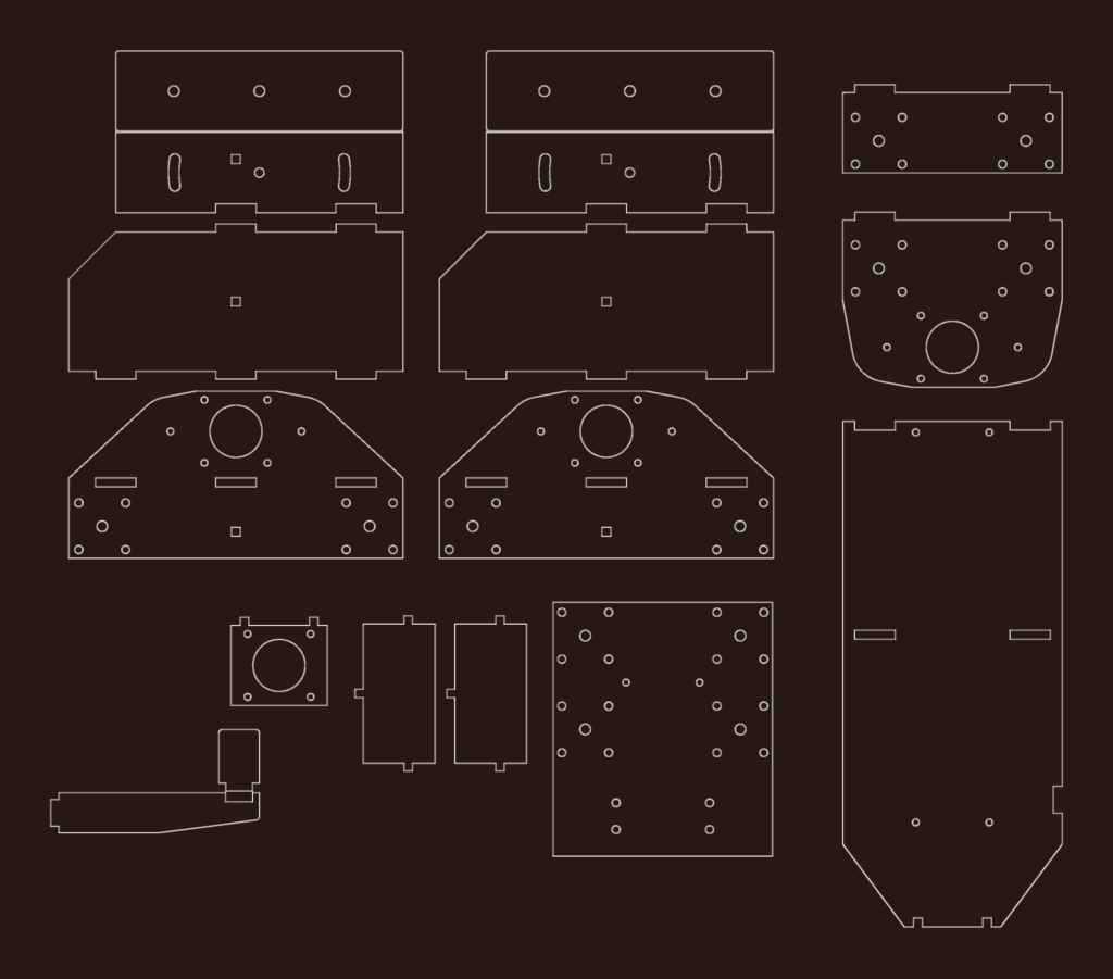 2D CAD drawing showing nested flat pattern parts for a CNC machine frame including gantry plates and brackets.