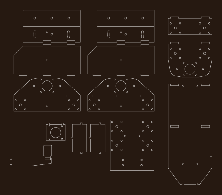 2D CAD drawing showing nested flat pattern parts for a CNC machine frame including gantry plates and brackets.