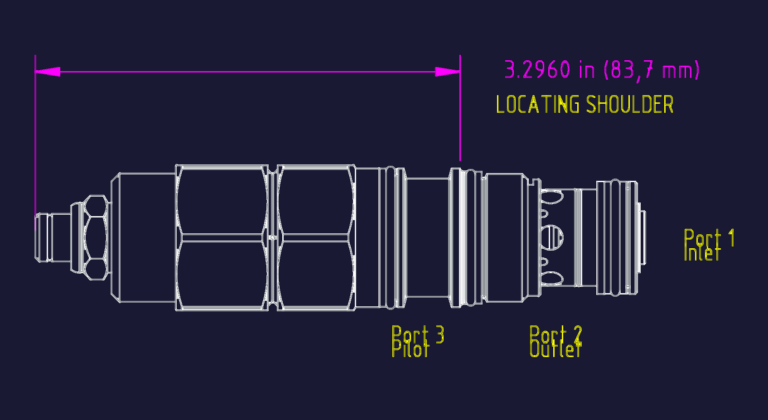2D CAD drawing of a 3-port pilot operated valve showing inlet, outlet, and pilot ports with dimensions.