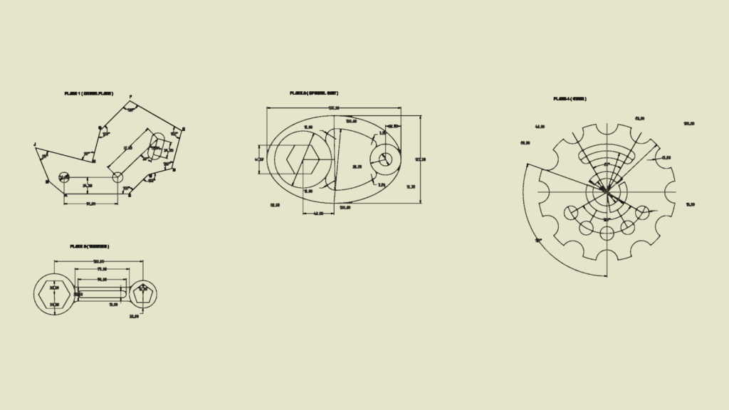 2D technical drawings of four mechanical plates including a gear, cam, wrench, and shear plate with dimensions.