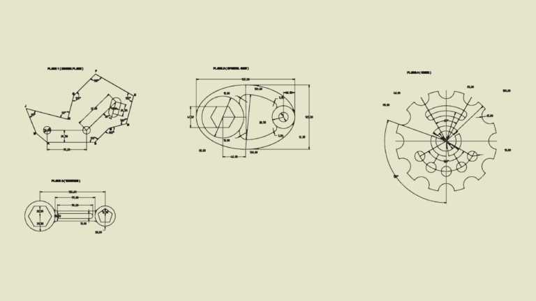 2D technical drawings of four mechanical plates including a gear, cam, wrench, and shear plate with dimensions.