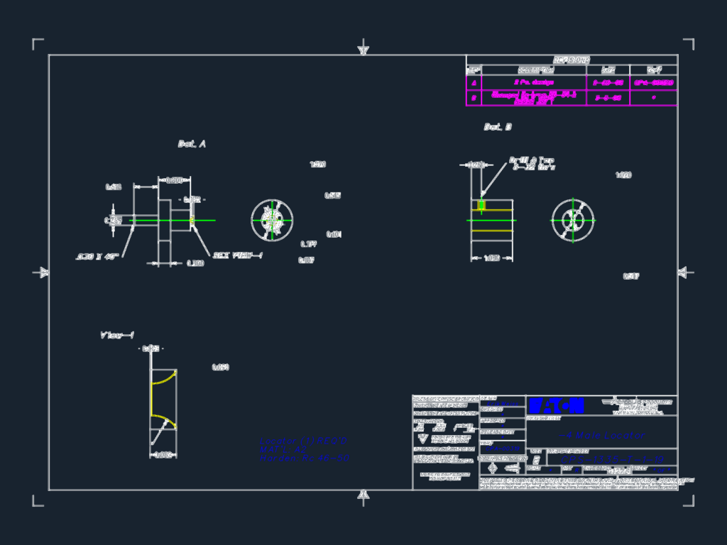 Mechanical engineering drawing of a male locator part with multiple view details and technical specifications.