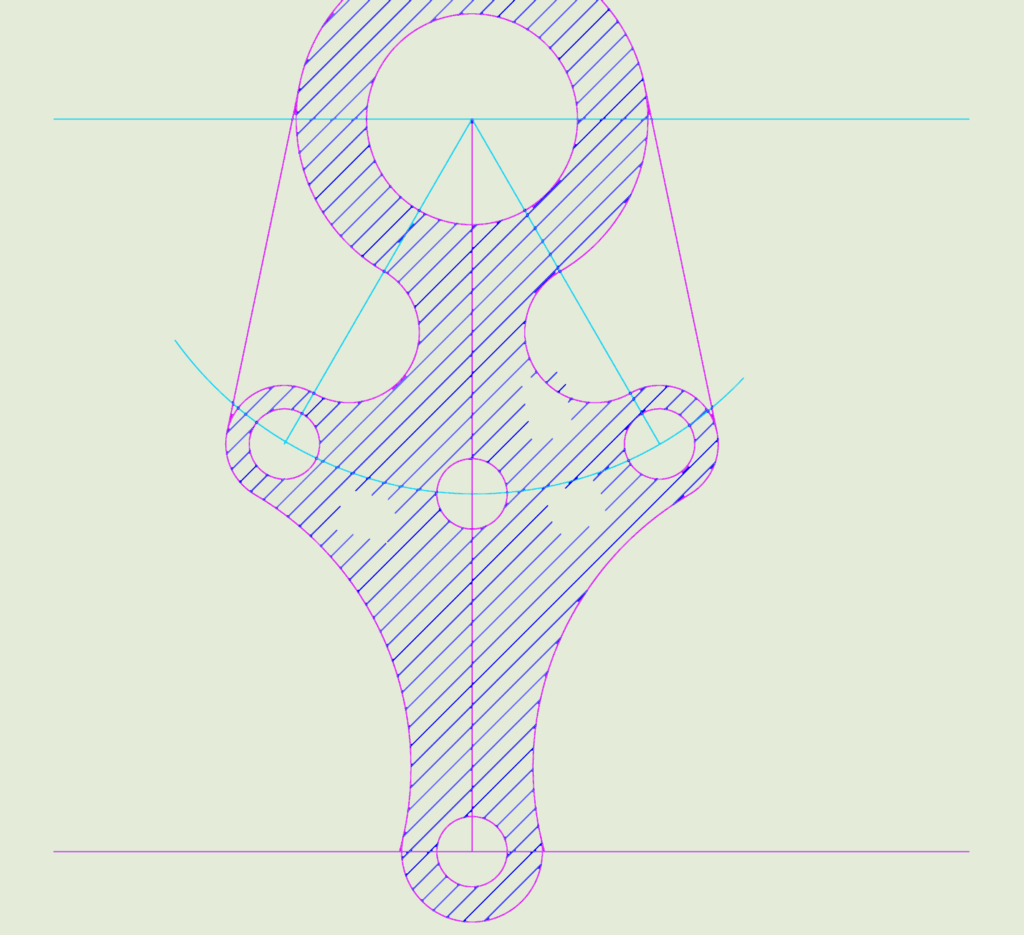 CAD drawing of a purple-lined mechanical bracket with a hatched surface and four circular holes for mounting.