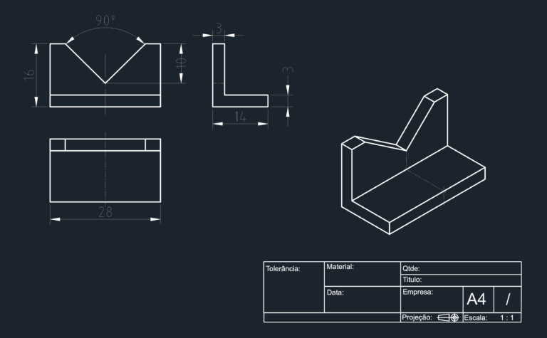 Orthographic and isometric views of a 2D mechanical support bracket with dimensions and title block.