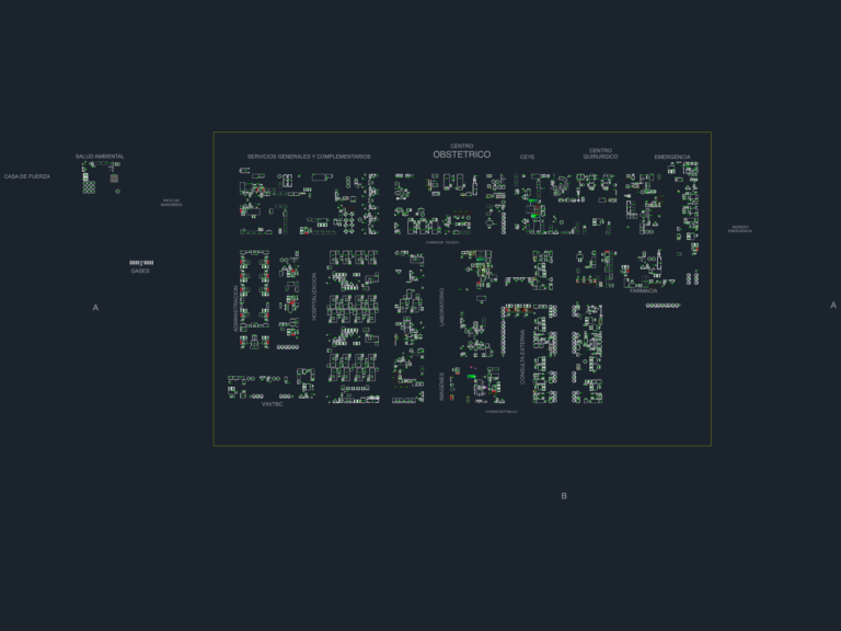 CAD layout showing hundreds of medical equipment blocks organized by hospital department including surgery and emergency.