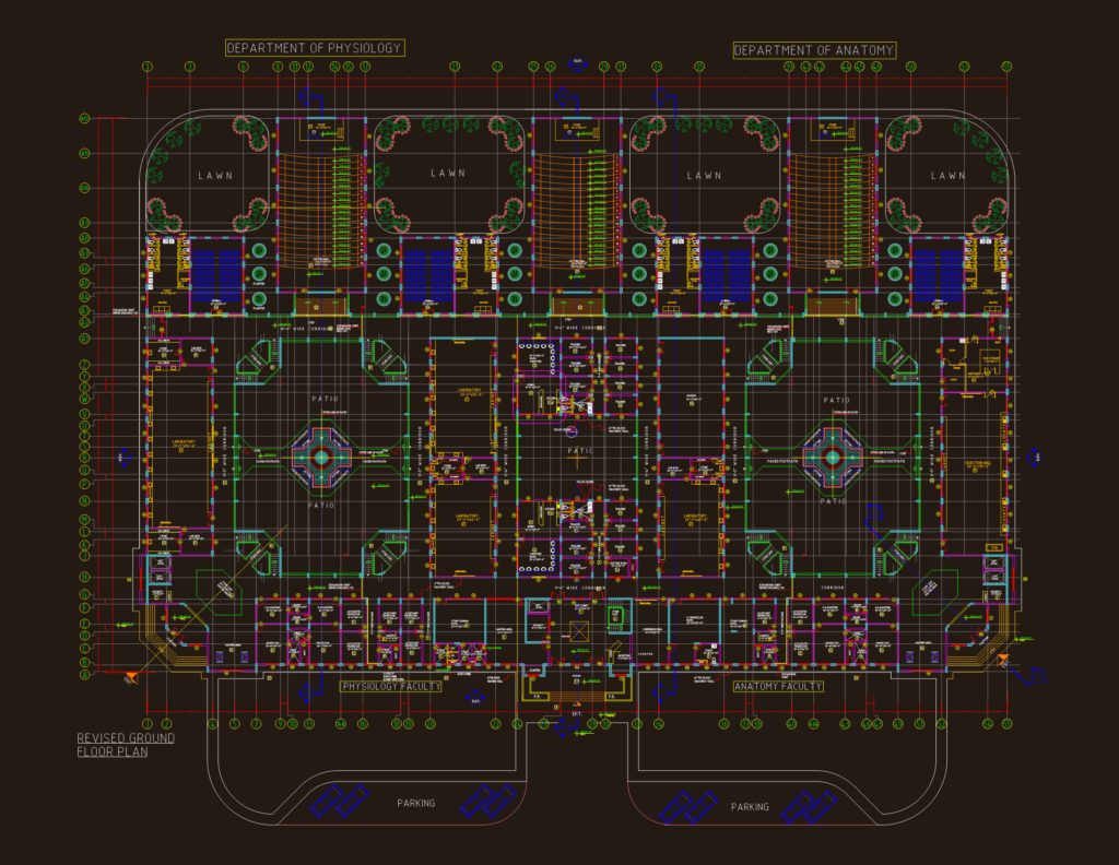 Detailed floor plans and sections for a medical faculty building featuring labs and lecture halls.