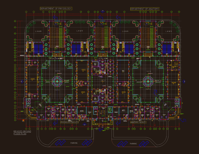 Detailed floor plans and sections for a medical faculty building featuring labs and lecture halls.