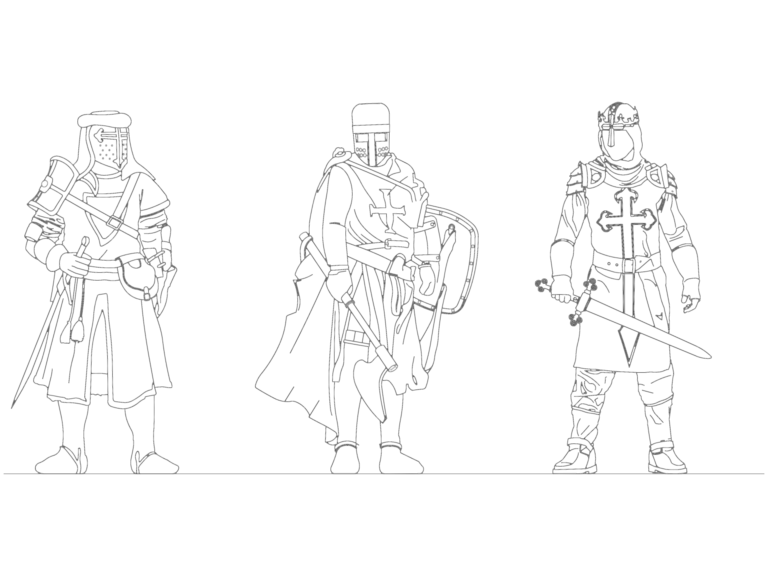 CAD drawings of three medieval knights in armor with swords and axes.