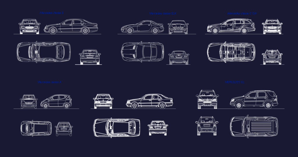 CAD drawings of various Mercedes Benz cars in top, front, and side views.