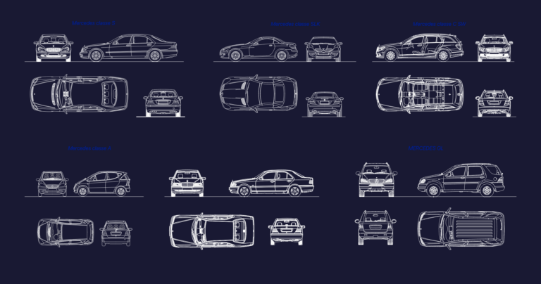 CAD drawings of various Mercedes Benz cars in top, front, and side views.