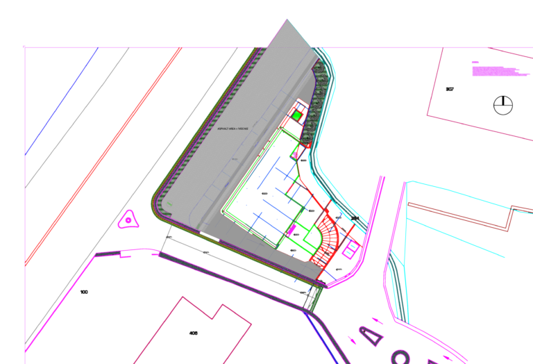CAD master plan for a Mercedes-Benz showroom showing site layout, parking, and landscaping details.