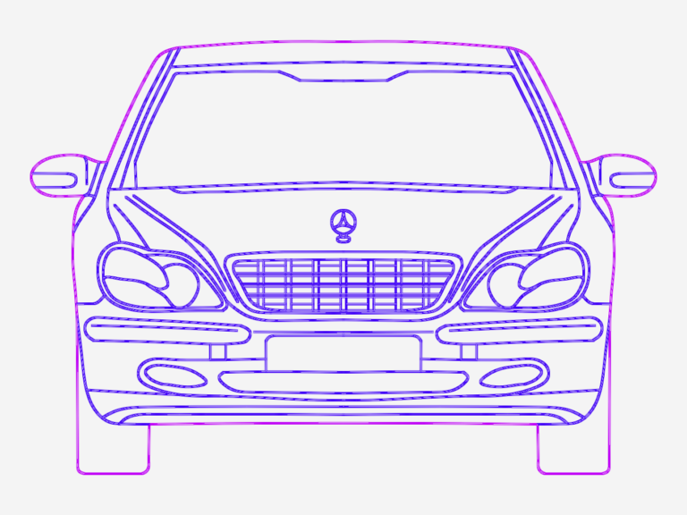 2D CAD vector outlines of a Mercedes S-Class from the side and front, showing body details and wheels.