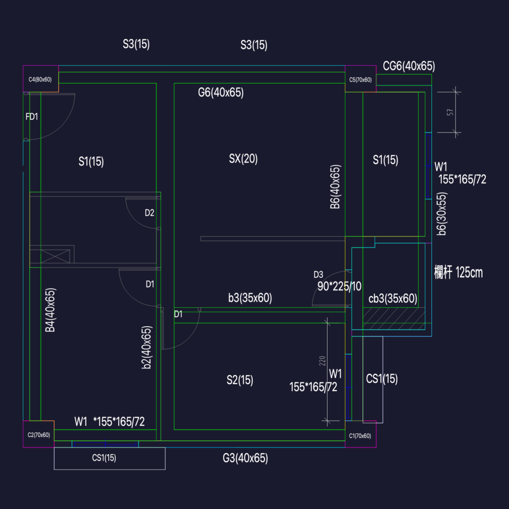 2D CAD floor plan showing structural beam and column designations for a residential apartment unit.