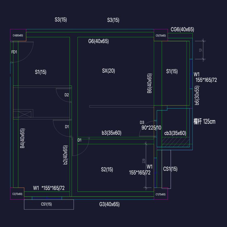 2D CAD floor plan showing structural beam and column designations for a residential apartment unit.