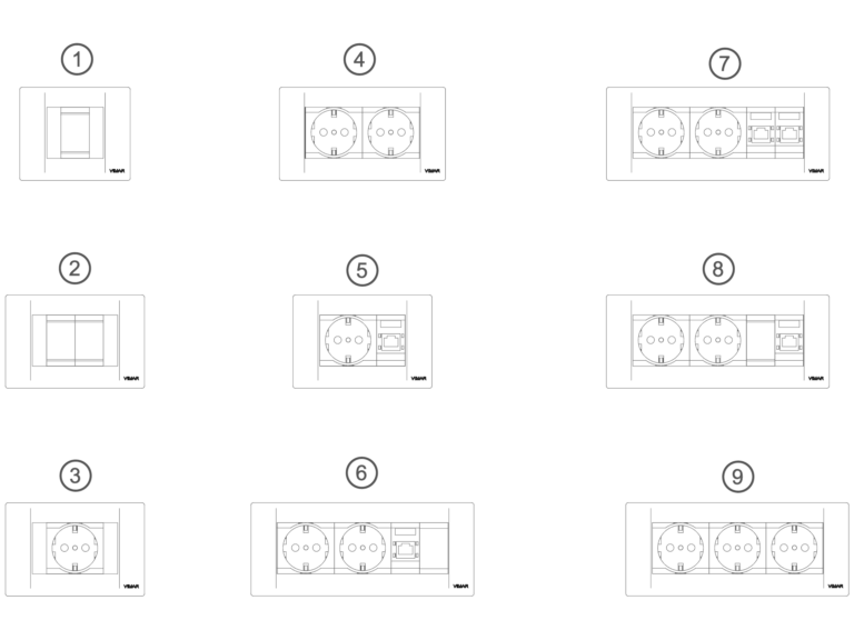 CAD elevations of Vimar brand electrical sockets, light switches, and internet data ports in modular faceplates.