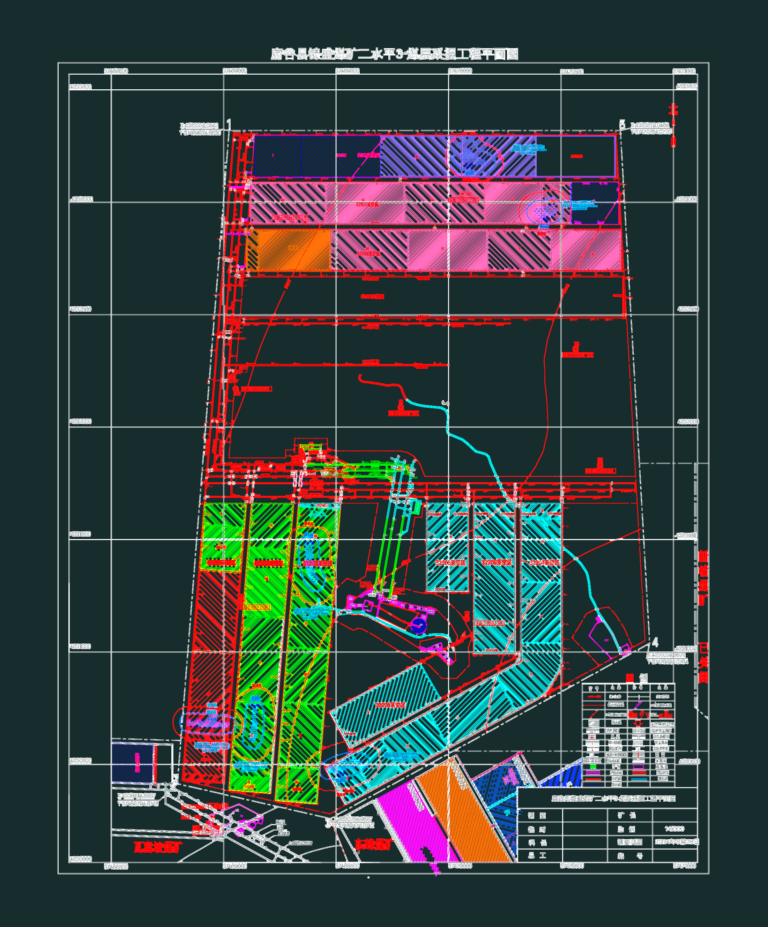 Technical CAD layout of an underground coal mine showing shafts, tunnels, and mining sectors with a coordinate grid.