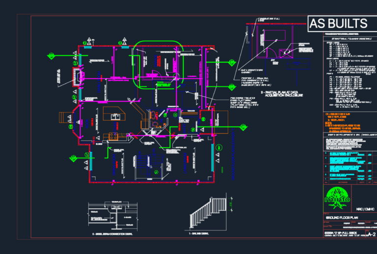 Ground floor architectural plan of a house with structural framing schedule and connection details.