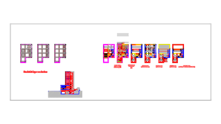 Architectural floor plans and cross-section of a multi-story tower with an auditorium and office spaces.