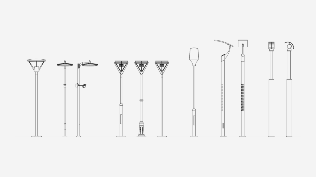 Elevation drawings of eleven different street light poles and outdoor lighting fixtures.