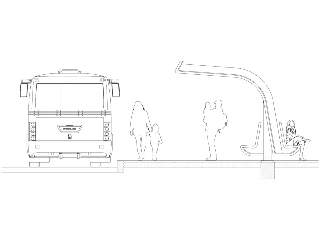 CAD elevation drawing of a modern bus stop shelter with a rear-view city bus and people silhouettes.