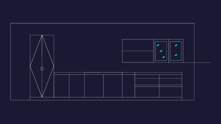 2D CAD drawing showing an elevation of kitchen cabinets with a tall unit, lower drawers, and upper glass doors.