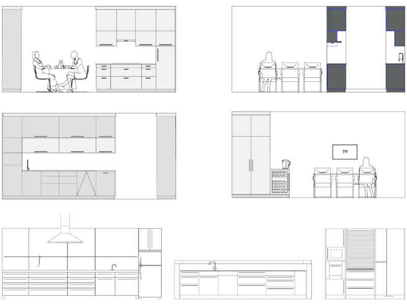 Modern Kitchen Elevation Drawings with Cabinetry and Appliances