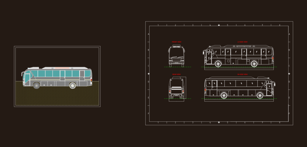 Four elevation views of a modern passenger bus including front, rear, and both sides in a single CAD file.